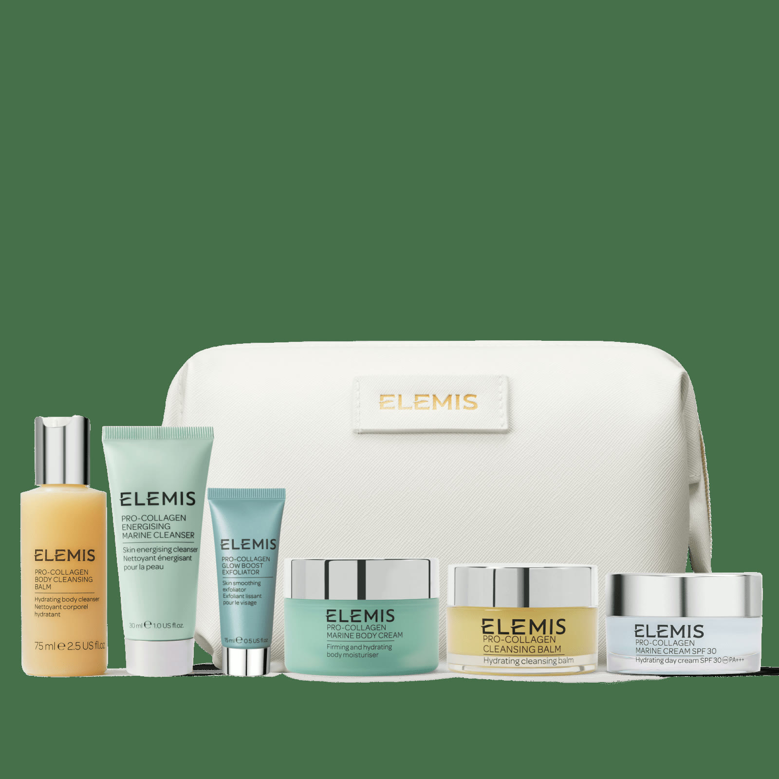 The ELEMIS Glow Anywhere Collection skincare set in front of a white ELEMIS cosmetic bag